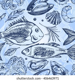 Seamless pattern with hand-drawn fishes and seafood