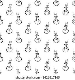 Seamless pattern Handdrawn flask chemical reaction doodle icon. Hand drawn black sketch. Sign symbol. Decoration element. White background. Isolated. Flat design. Vector illustration.