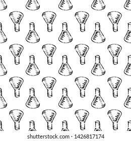 Seamless pattern Handdrawn flask chemical reaction doodle icon. Hand drawn black sketch. Sign symbol. Decoration element. White background. Isolated. Flat design. Vector illustration.