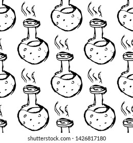 Seamless pattern Handdrawn flask chemical reaction doodle icon. Hand drawn black sketch. Sign symbol. Decoration element. White background. Isolated. Flat design. Vector illustration.