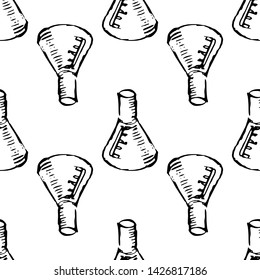 Seamless pattern Handdrawn flask chemical reaction doodle icon. Hand drawn black sketch. Sign symbol. Decoration element. White background. Isolated. Flat design. Vector illustration.