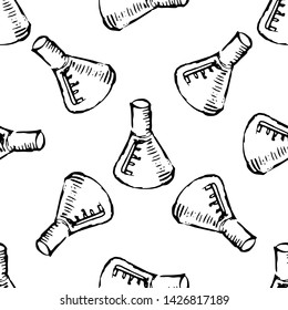 Seamless pattern Handdrawn flask chemical reaction doodle icon. Hand drawn black sketch. Sign symbol. Decoration element. White background. Isolated. Flat design. Vector illustration.