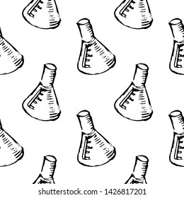 Seamless pattern Handdrawn flask chemical reaction doodle icon. Hand drawn black sketch. Sign symbol. Decoration element. White background. Isolated. Flat design. Vector illustration.