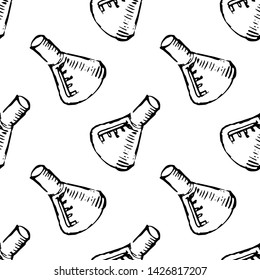 Seamless pattern Handdrawn flask chemical reaction doodle icon. Hand drawn black sketch. Sign symbol. Decoration element. White background. Isolated. Flat design. Vector illustration.