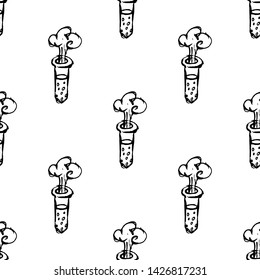 Seamless pattern Handdrawn flask chemical reaction doodle icon. Hand drawn black sketch. Sign symbol. Decoration element. White background. Isolated. Flat design. Vector illustration.