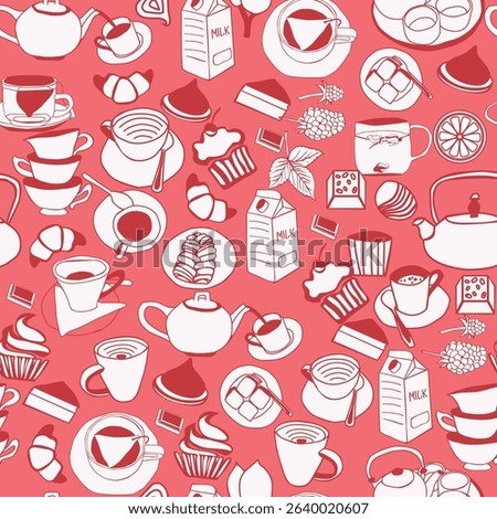 Seamless pattern Hand-drawn flat style with various kitchen utensils and objects, including teapots, tea cups, milk, and a variety of dessert items. Perfect for kitchen decor, fabric design or print.