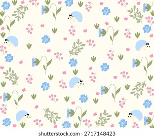 padrão sem costura com flora e fauna desenhadas à mão.