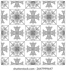 Seamless pattern with hand-drawn floral and cross ornaments. Black and white checkerboard tile design.