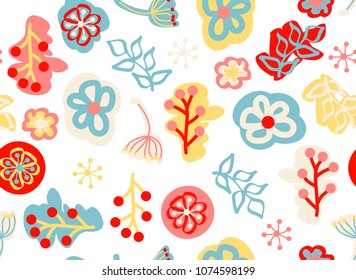 Seamless pattern with hand-drawn floral elements in doodle style, vector. Texture with flowers and plants. Floral doodle ornament. 