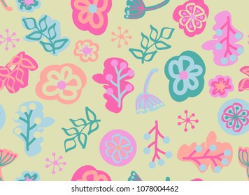 Seamless pattern with hand-drawn floral elements in doodle style, vector. Baby seamless pattern in candy colors
