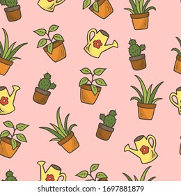 Seamless pattern with hand-drawn flower pots and watering can on a light red background, doodle, vector illustration, for the design of covers, packaging, print on textiles, wallpaper, fabric