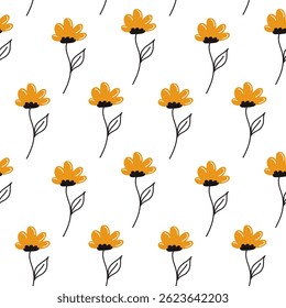 A seamless pattern of hand-drawn flowers with bright yellow petals and black stems. Perfect for fashion, textiles, and home decor. Simple and stylish botanical design.