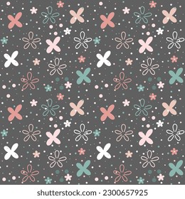 Nahtloses Muster. Handgezeichnete Blumen und Schmetterlinge im Stil eines Doodles auf dunklem Hintergrund. Sommerblütenhintergrund. Skandinavischer Stil für Kinder. Zum Bedrucken auf Gewebe, Tapeten