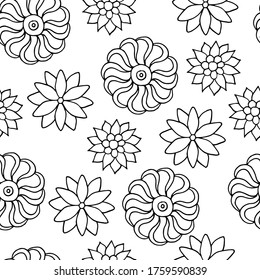 Seamless pattern with hand-drawn flowers, coloring page, vector illustration