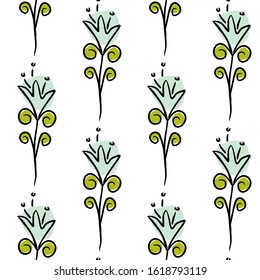 Seamless pattern of hand-drawn flowers. Cute fancy turquoise flowers on a dark background. Vector illustration.
