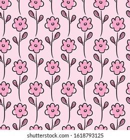 Seamless pattern of hand-drawn flowers. Cute tender pink flowers on a light pink background. Vector illustration.