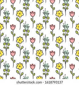 Seamless pattern of hand-drawn flowers. Cute tender flowers on a white background. Vector illustration.