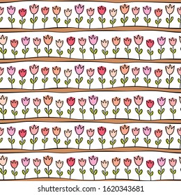 Seamless pattern of hand-drawn flowers. Cute tender pink tulips on the beds. Vector illustration.