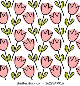 Seamless pattern of hand-drawn flowers. Cute tender pink tulips on a white background. Vector illustration.