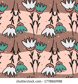 Patrón sin foco de flores dibujadas a mano. Flores tiernas y cortas sobre un fondo rosa oscuro. Ilustración vectorial.