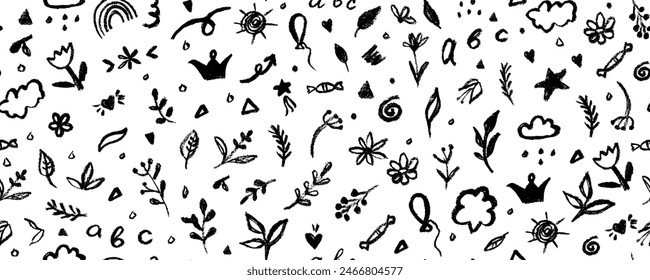 Seamless pattern with hand-drawn flowers in doodle style. Seamless botanical pattern monochrome modern collage of doodles of various flowers, twigs, freehand ink sketch. 