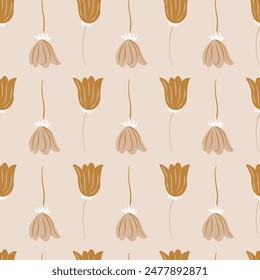 Seamless Pattern with Hand-Drawn Flowers. Floral Romantic Vector Tile for Textile, Wrapping Paper, Nature Designs, Summer and Spring Covers, Banners. Pastel Colors, Scandinavian Style.