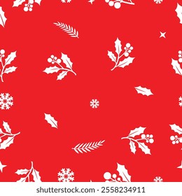 Seamless pattern with hand-drawn flowers and floral branches and berries, Christmas florals. Seamless Christmas plants background wallpaper. Winter seamless pattern with plants. Christmas decoration