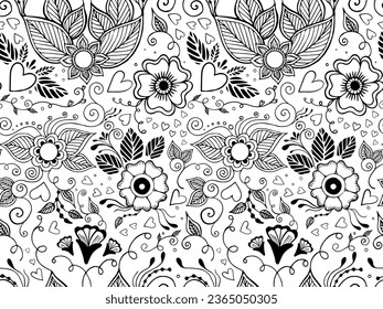 Seamless pattern with hand-drawn flowers and hearts. Doodle style vector illustration on white background. 