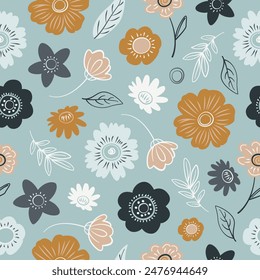 Seamless Pattern with Hand-Drawn Flowers and Herbs. Floral Romantic Vector Tile for Textile, Wrapping Paper, Nature Designs, Covers, Banners. Pastel Colors, Scandinavian Style.