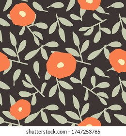 Seamless pattern with hand-drawn flowers and leaves. Vector floral pattern on the dark background. Floral background. Best for fabric, wrapping paper, home textile.