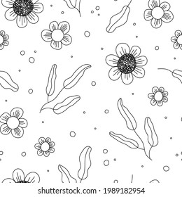 Patrón sin foco con flores dibujadas a mano con hojas. Tela de doodle dibujada a mano, envoltura de regalo, diseño de arte mural.