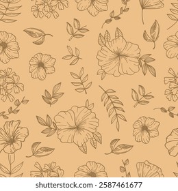 Seamless pattern with hand-drawn flowers and leaves, perfect for vintage and elegant nature-themed designs.