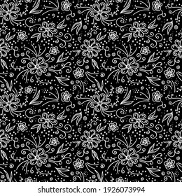 Patrón sin foco con flores y plantas dibujadas a mano, hojas, pétalos, elementos florales. Interminable fondo blanco y negro. Estilo de doodle, esbozo, dibujo de línea botánica. Ilustración vectorial.