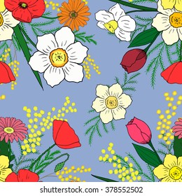 Seamless pattern with hand-drawn flowers. Serenity background