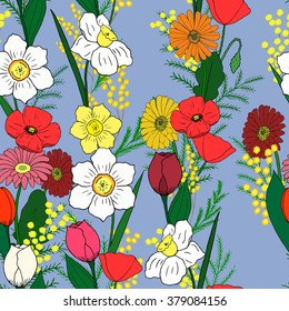 Seamless pattern with handdrawn flowers. Serenity background
