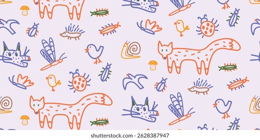 Seamless pattern with hand-drawn forest animals in childlike colorful style. Foxes and birds interact with playful insects, dragonflies and decorative nature shapes. Vector illustration.