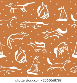 A seamless pattern of hand-drawn foxes in various poses, including sitting and running. The orange doodles on a textured background add a playful and whimsical touch.