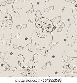 Padrão contínuo com Bulldogs franceses desenhados à mão, óculos, ossos e flores em um fundo bege. Diversão e design têxtil moderno com tema de cachorro.