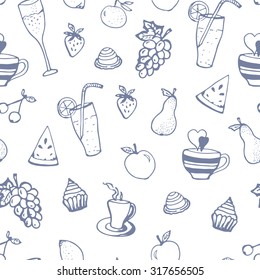 Seamless pattern with hand-drawn fruit, tea, coffee, candy, cocktail, a glass of champagne. Vector illustration for your design.