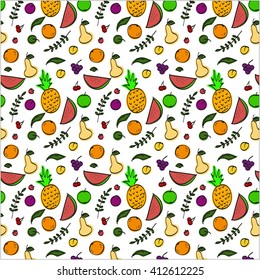 seamless pattern with  hand-drawn fruit (watermelin, pineaple, pear, apple, cherry, strawberry, grape, leafs)