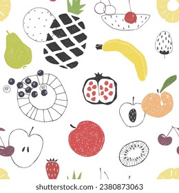 Seamless pattern of hand-drawn fruits. Doodle pineapple, banana, peach, pomegranate, pear, apple, cherry, orange, strawberry, blueberry.
