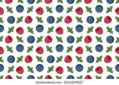 Seamless pattern with hand-drawn fruits. Raspberries, mint, blueberries. Summer, healthy eating. Farm organic products. Vector background.