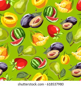 Seamless pattern with hand-drawn fruits. Vector fruit mix. Illustration for healthy eating and organic foods. Can be used to fill different shapes, and as a background, wallpaper