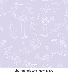 Seamless pattern of hand-drawn funny birds. Vector graphics.