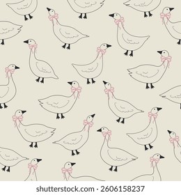 Seamless pattern with hand-drawn geese and bows. Designed for wrapping paper, packaging, fabric, and textiles. Vector illustration.