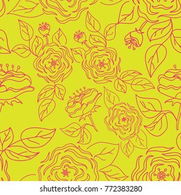 Seamless pattern with hand-drawn gentle roses on a bright background.