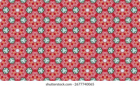 Patrón sin fisuras de flores en flor geométricas dibujadas a mano en tonos de rojo, rosa, verde, blanco y amarillo.