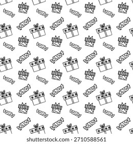 Padrão contínuo com caixas de presente desenhadas à mão e doces no fundo branco. Fundo festivo vetorial. Impressão de Feliz Aniversário