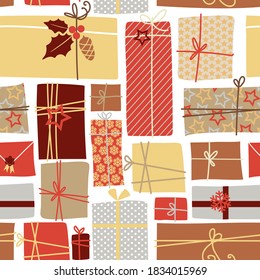 Seamless pattern with hand-drawn gift christmas boxes . Colorful vector wallpaper with presents for birthday wrapping paper, background, card, textile, fabric