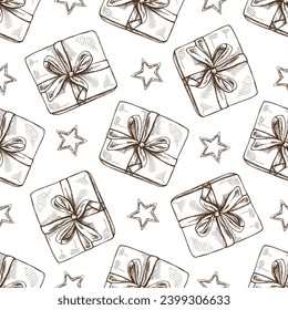 Seamless pattern of hand-drawn gift packaging decorated with ribbon isolated on white, close up of decoration in sketch style. Vector vintage drawing. Traditional cozy holidays. 
